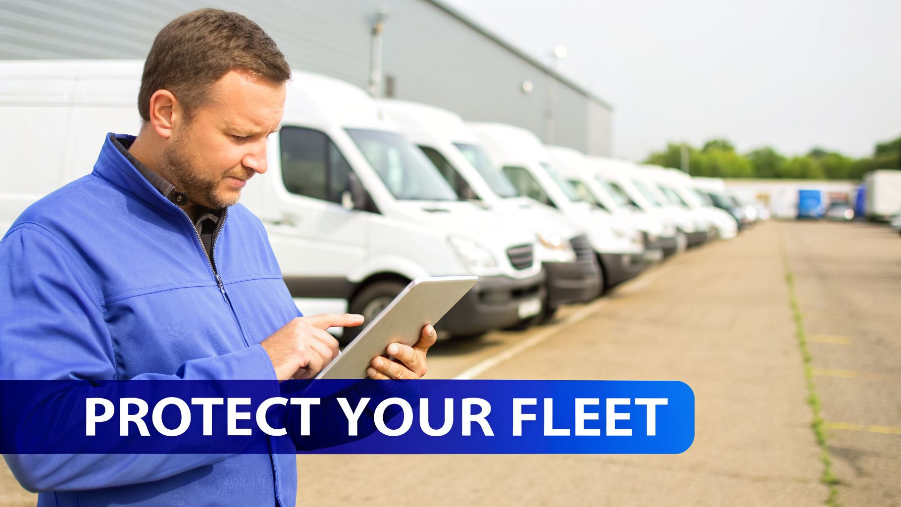 A man in a blue jacket uses a tablet in front of a fleet of white vans, with text 'PROTECT YOUR FLEET'.