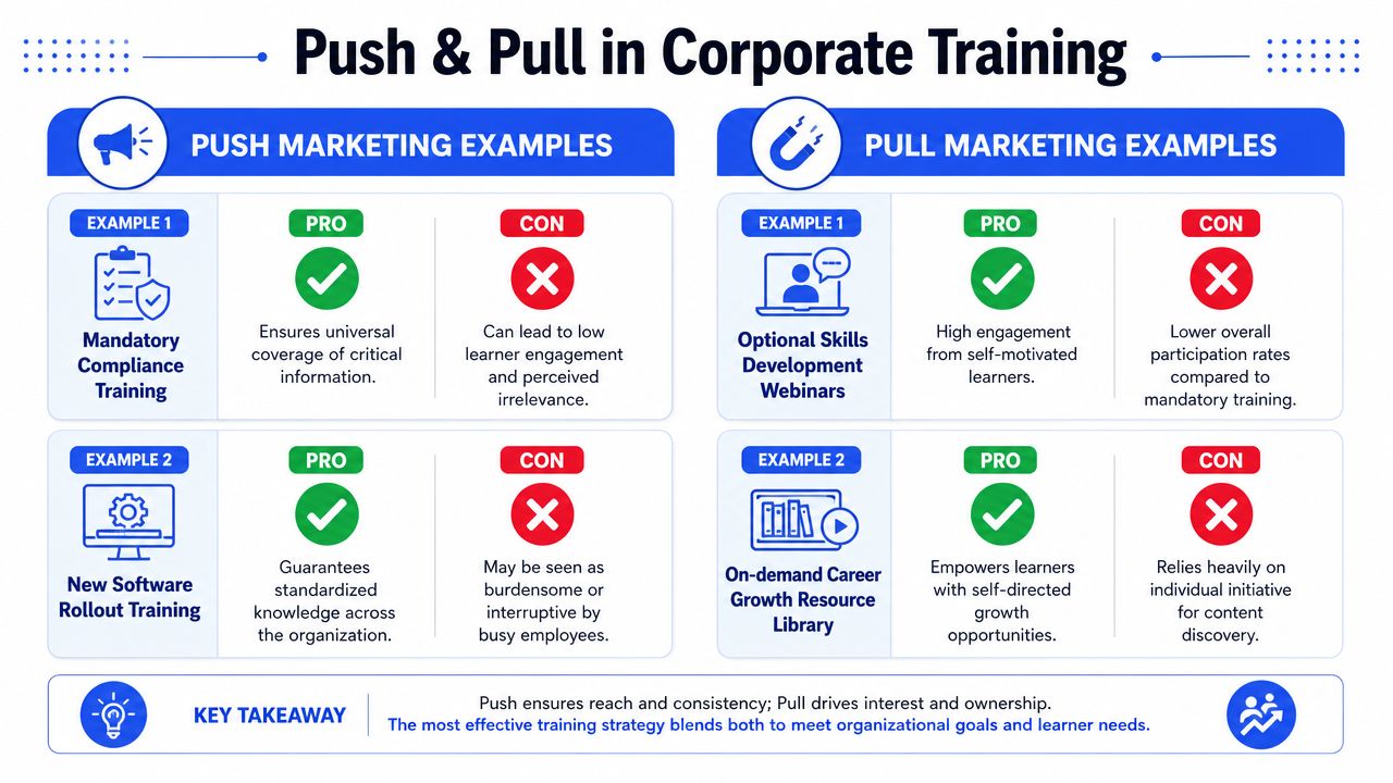 A comparison chart explaining the pros and cons of push versus pull marketing in corporate training strategies.