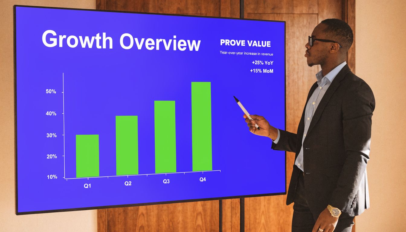 A professional man in a suit presenting business growth charts on a large digital screen.