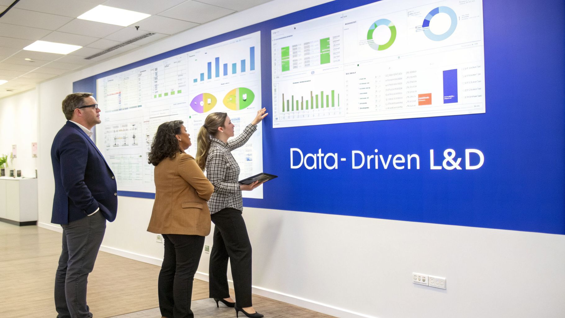 Three professionals analyze data visualizations on a large screen, discussing data-driven L&D strategies.
