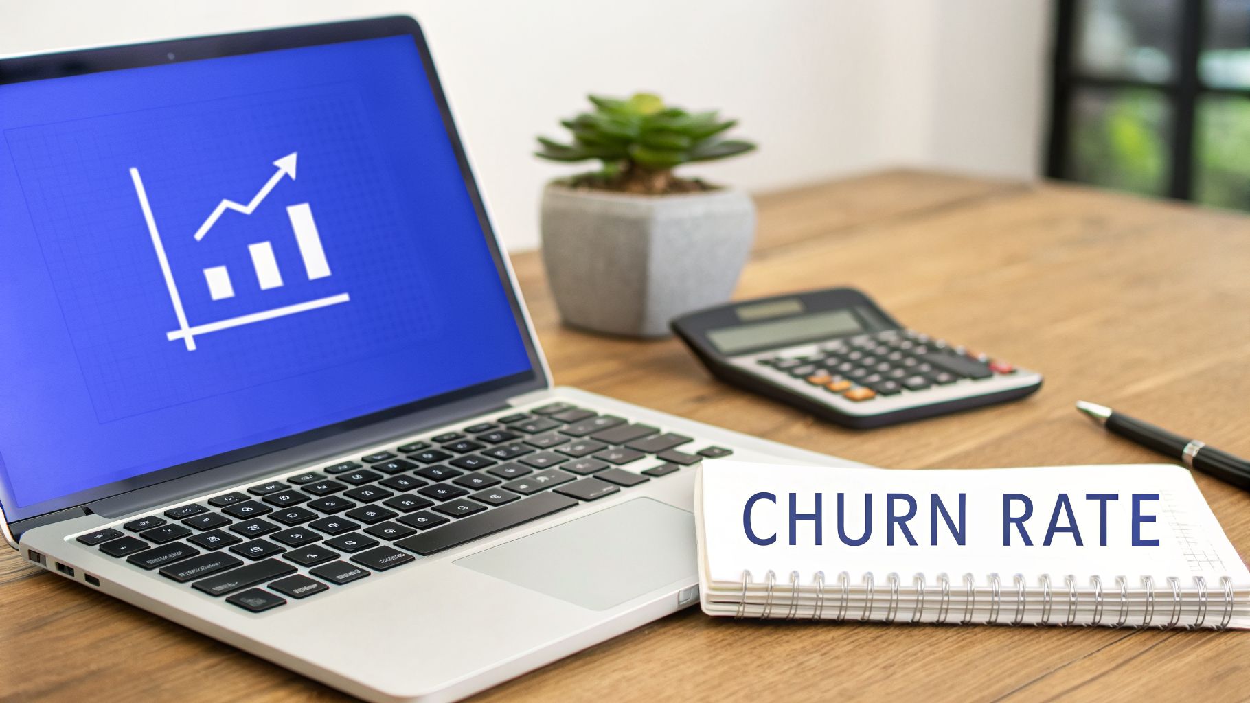 Laptop displaying a rising bar graph icon, with a notebook showing 'CHURN RATE' on a wooden desk.