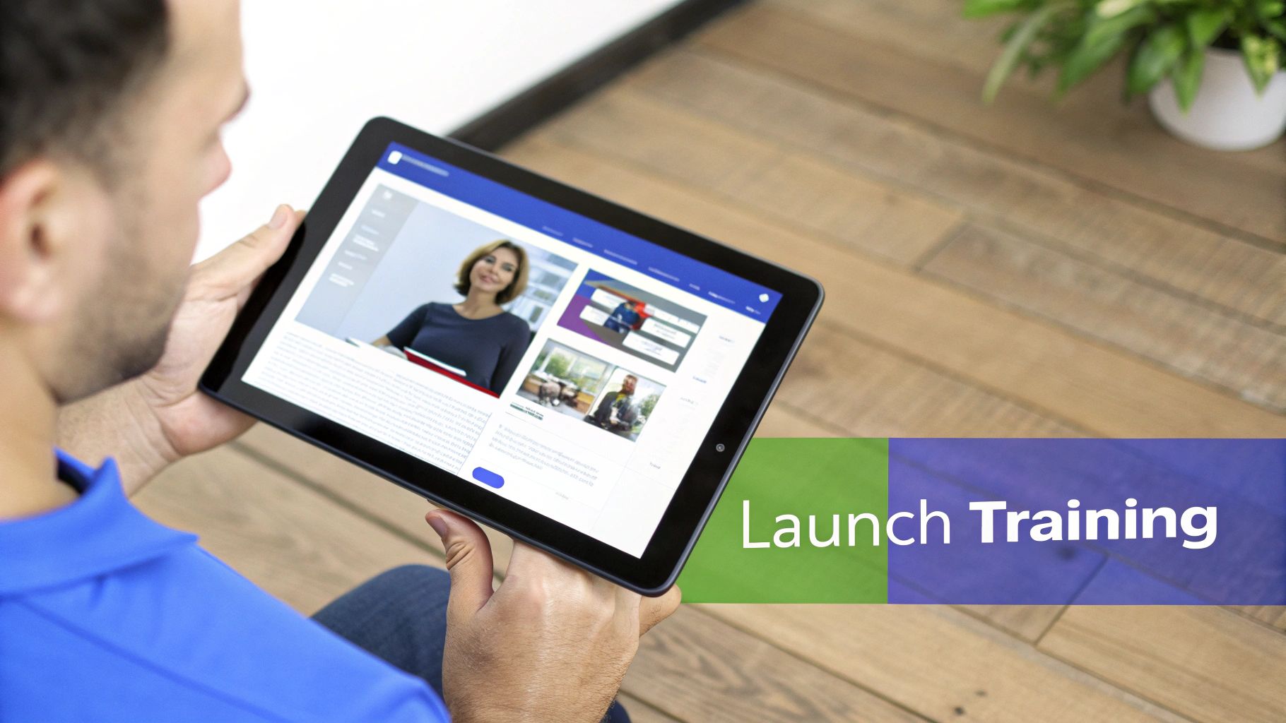 A man holds a tablet displaying an online training platform with images of people and a 'Launch Training' button.