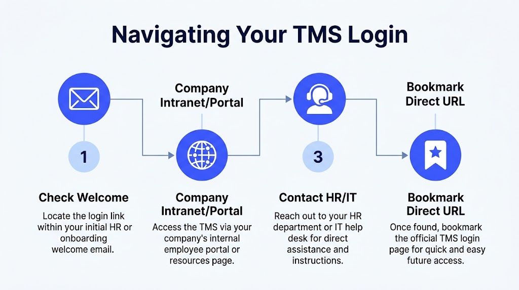 A four-step infographic showing how to access a company talent management system login page.