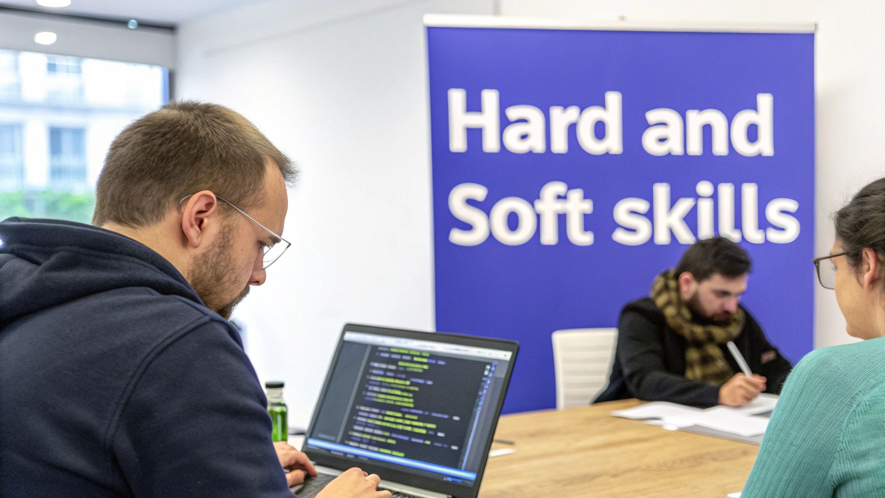Three people in a modern office, one coding on a laptop, with a 'Hard and Soft skills' banner.
