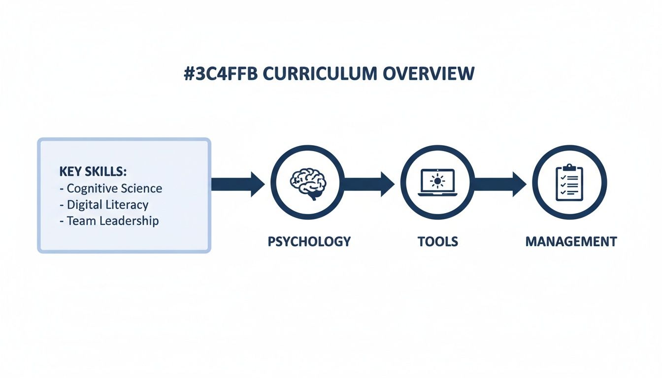 A flowchart titled "#3C4FFB Curriculum Overview" outlining key skills and sequential stages of psychology, tools, and management.