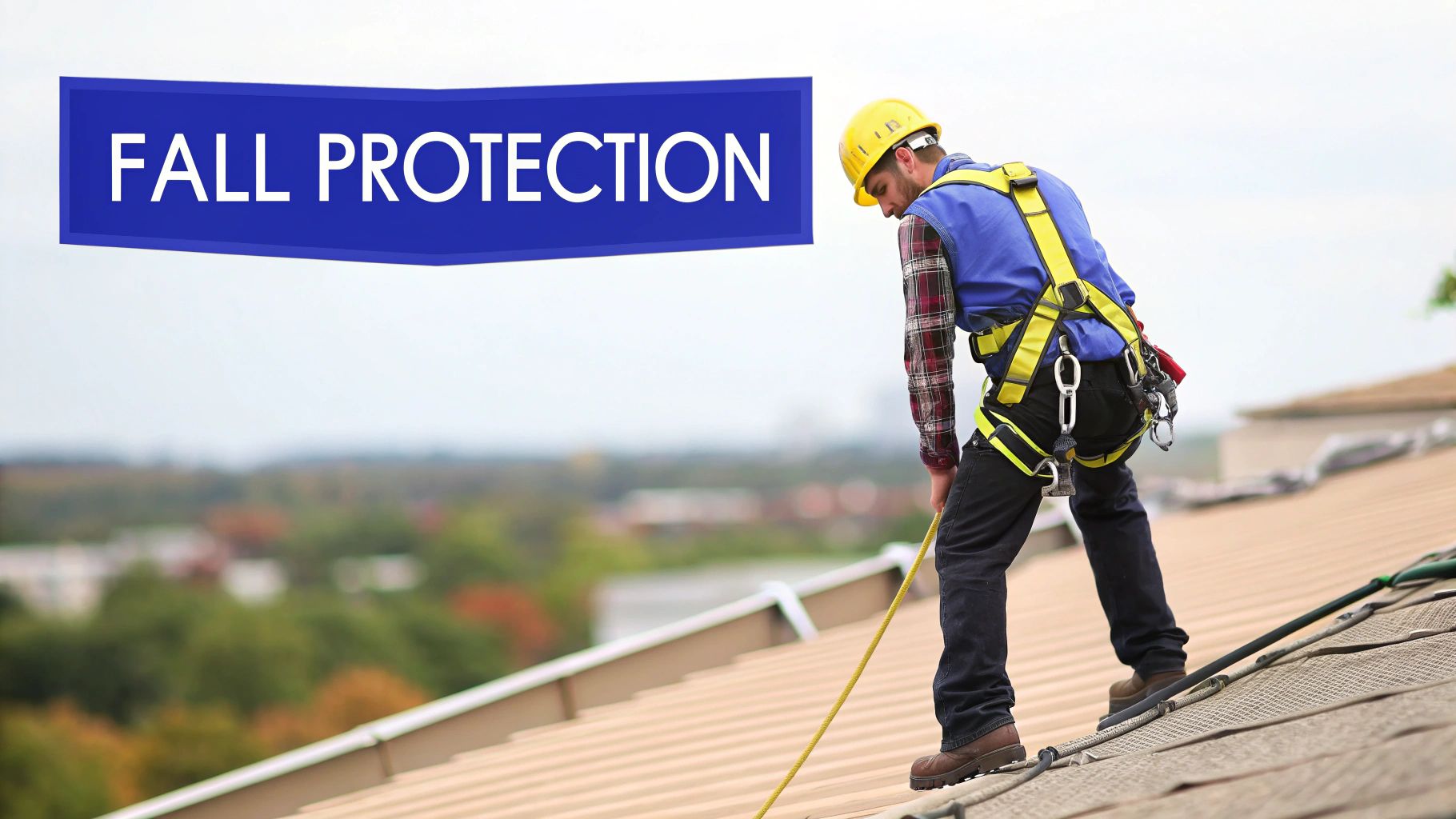 A construction worker on a roof in a hard hat and safety harness, demonstrating fall protection.