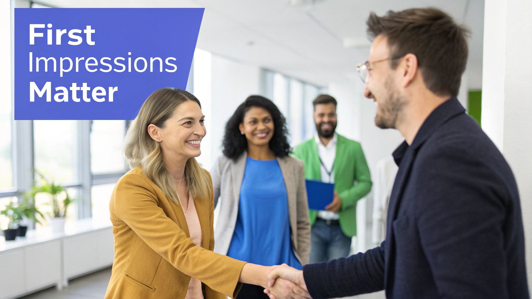 Two smiling professionals shake hands warmly in a bright office environment, with colleagues observing.