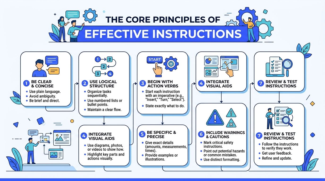 An infographic detailing seven core principles for creating clear, effective, and professional instructions for any task.