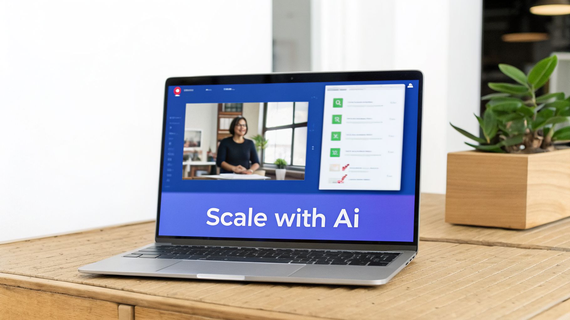 A silver laptop on a wooden desk displays a video call and 'Scale with Ai' text, with a plant.