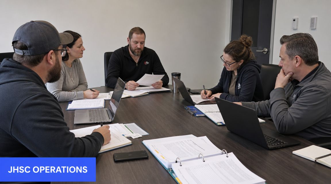 A diverse group of professionals sit around a conference table in an office discussing safety operations.