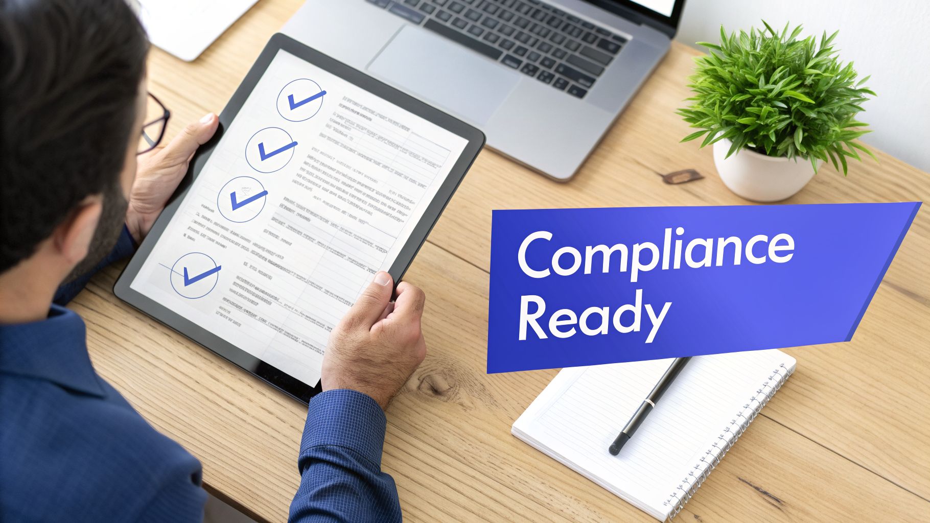 Person reviewing a digital compliance audit checklist on a tablet at a desk, with a 'Compliance Ready' banner.