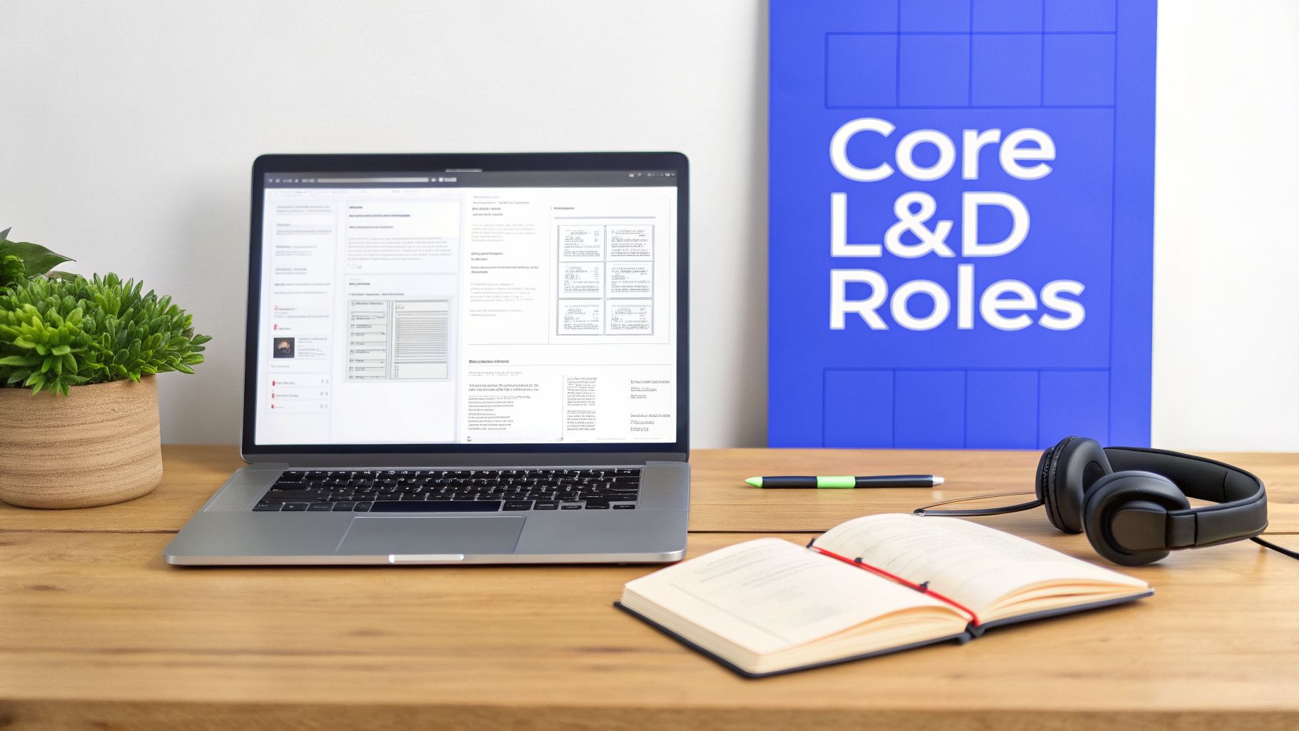 A modern workspace setup with a laptop displaying content, a plant, notebook, headphones, and a 'Core L&D Roles' sign.