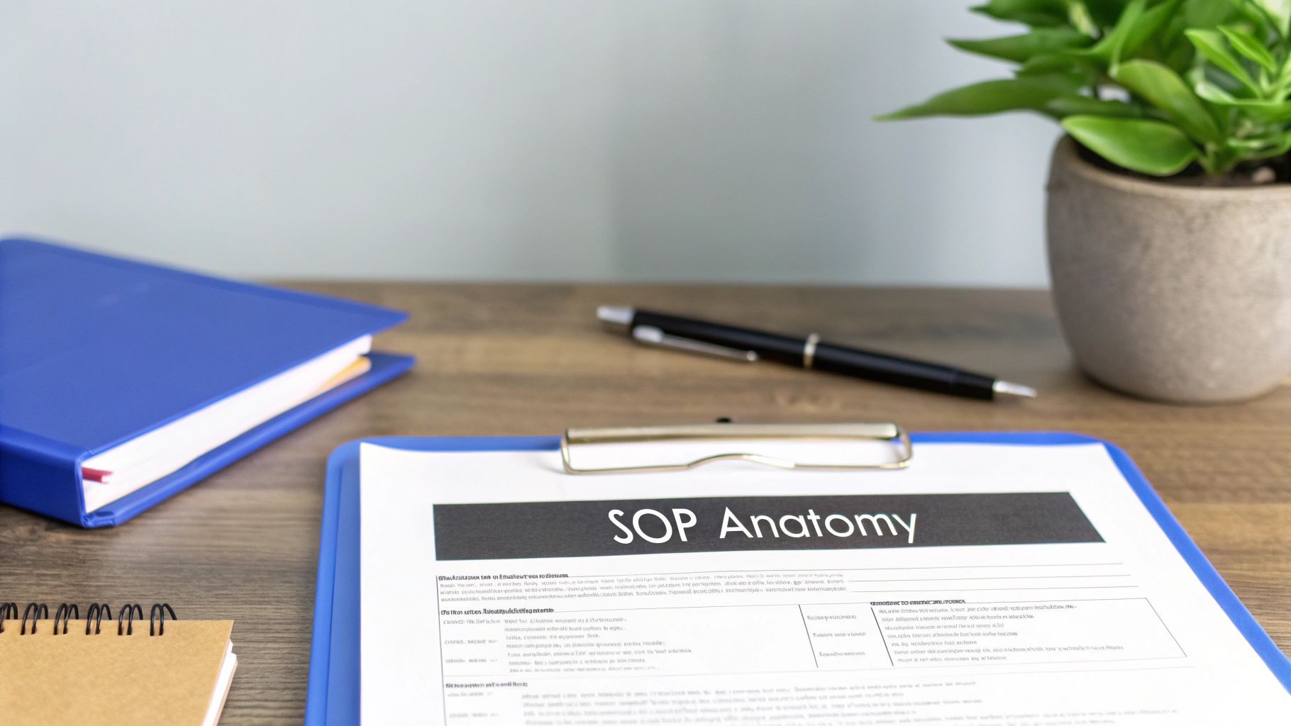 A wooden desk with a document titled 'SOP Anatomy' on a clipboard, a blue binder, a pen, and a plant.