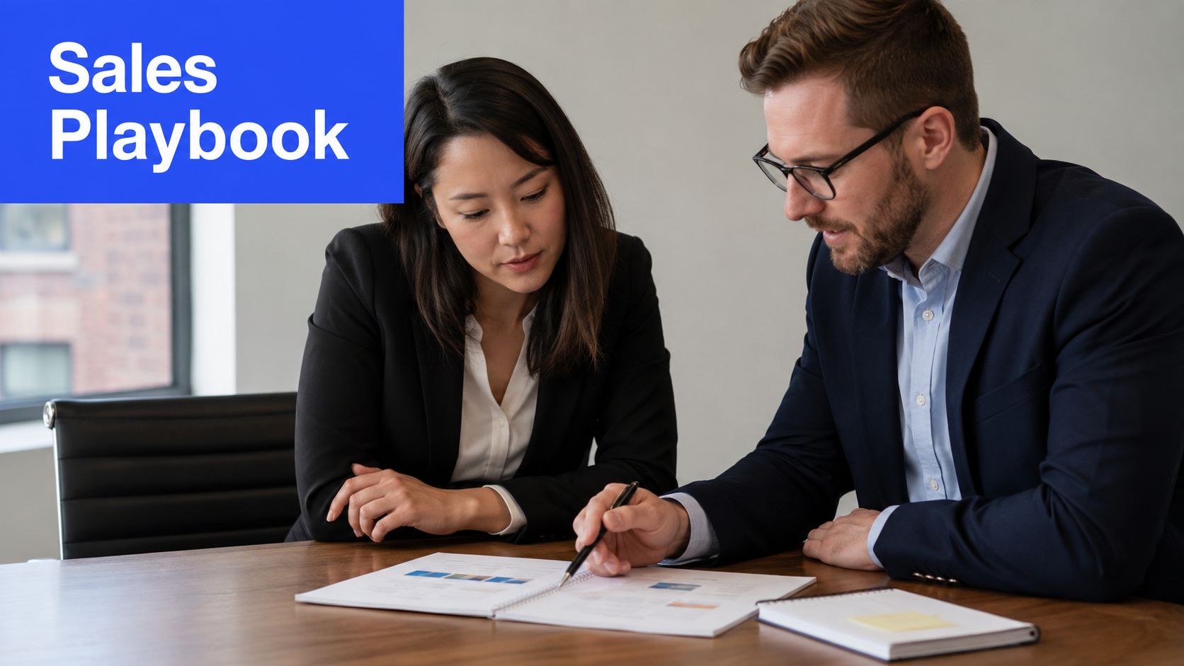 A professional woman and man in business attire collaborating while reviewing a training manual together.