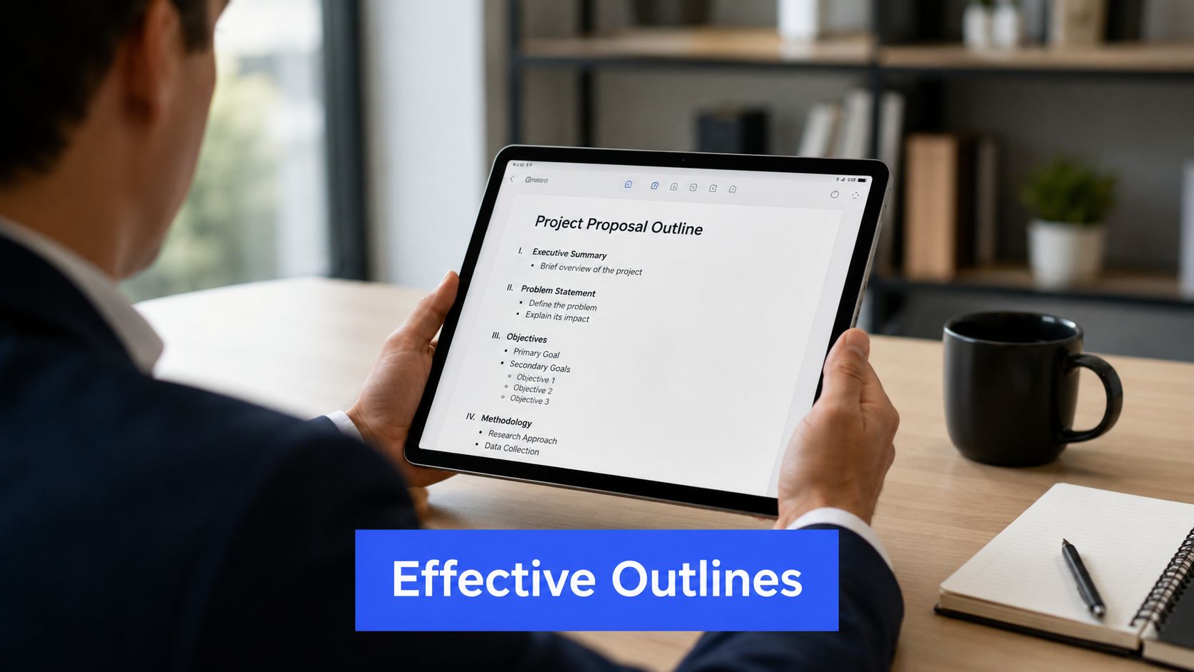 A person holding a tablet displaying a professional project proposal outline in a modern office workspace.