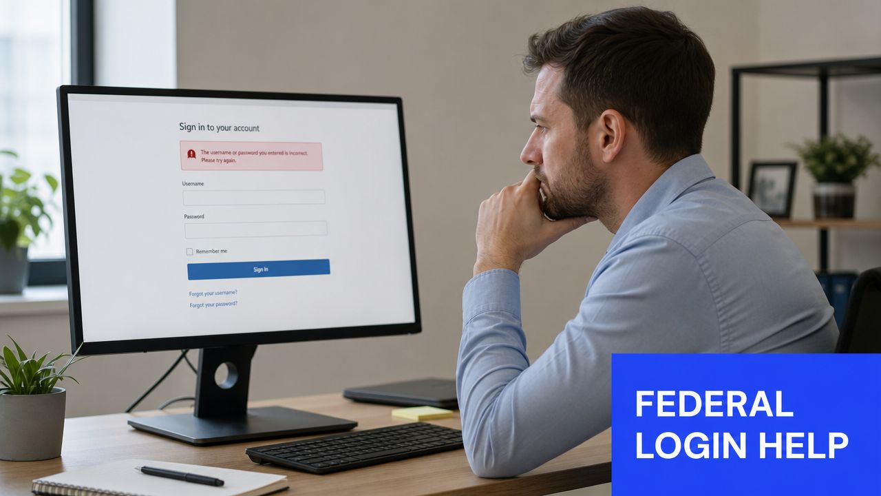 A man sitting at a desk looking frustrated at a computer screen showing a login error message.