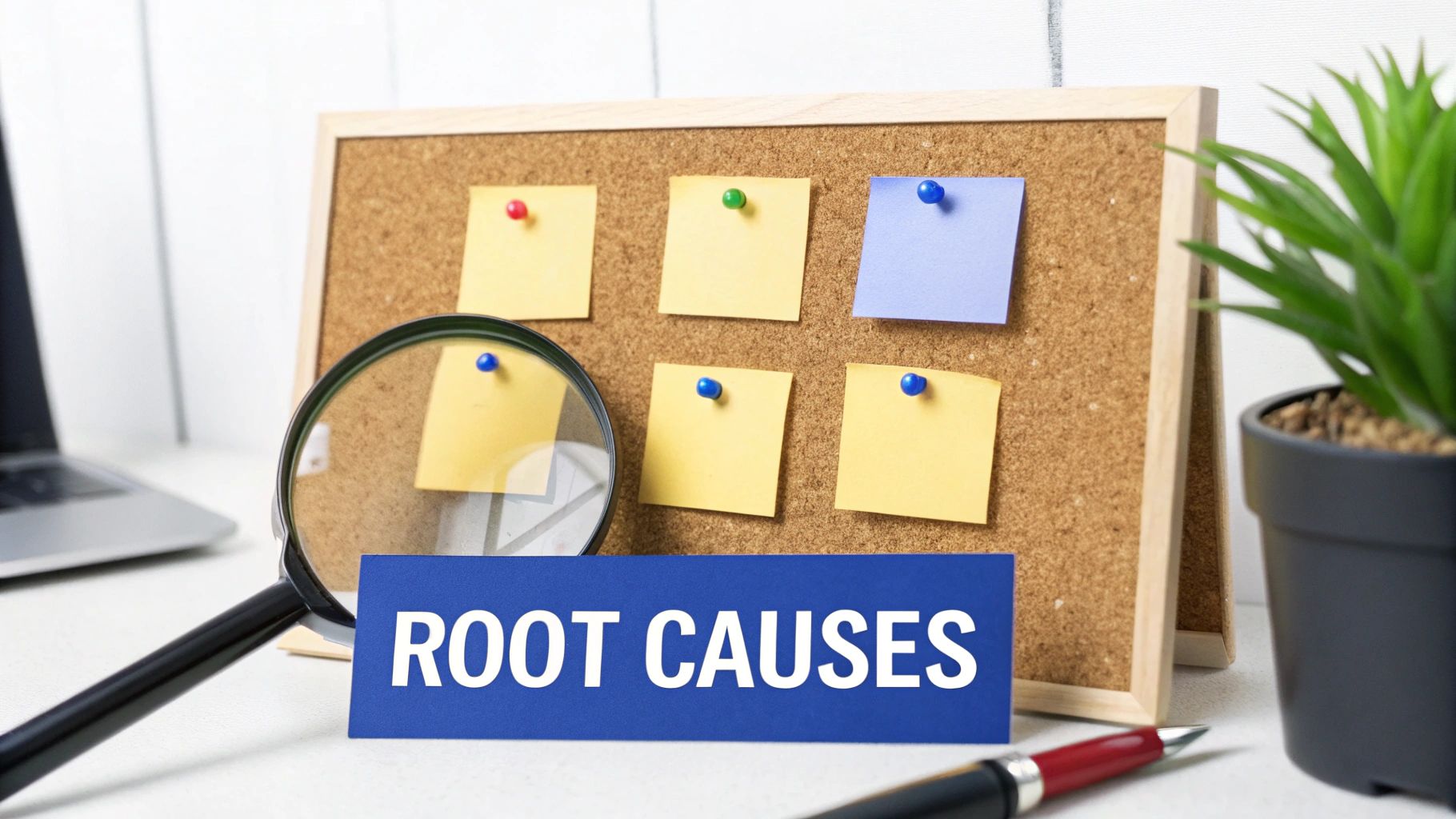 A magnifying glass and a 'ROOT CAUSES' sign on a desk, next to a cork board with sticky notes, symbolizing deep analysis.