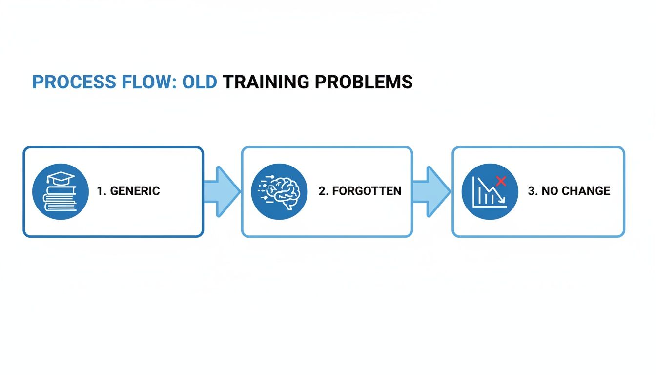 A process flow diagram illustrates old training problems: generic content, forgotten information, and no resulting change.