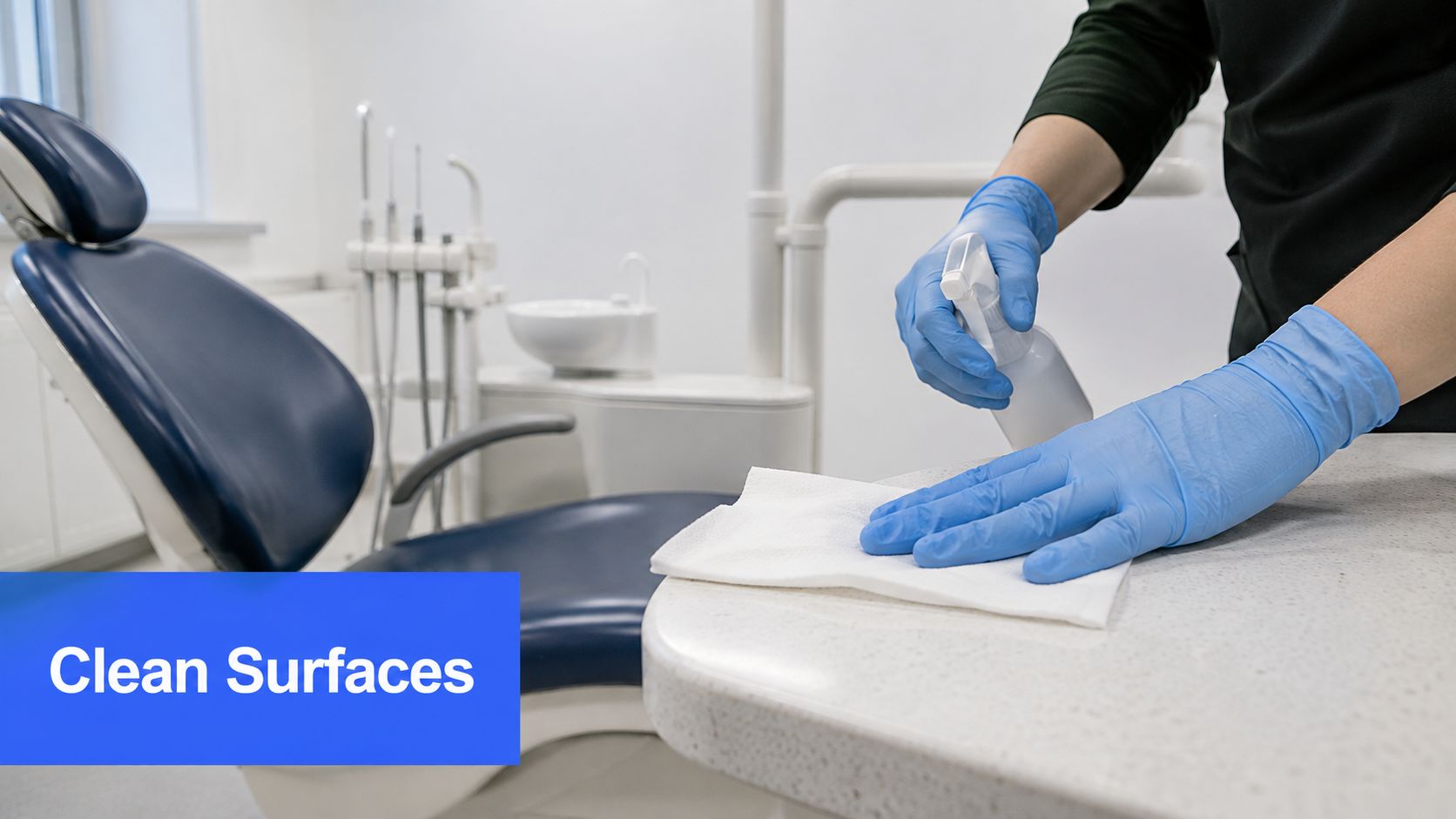 A dental professional in blue nitrile gloves cleans a surface with a paper towel and disinfectant spray.