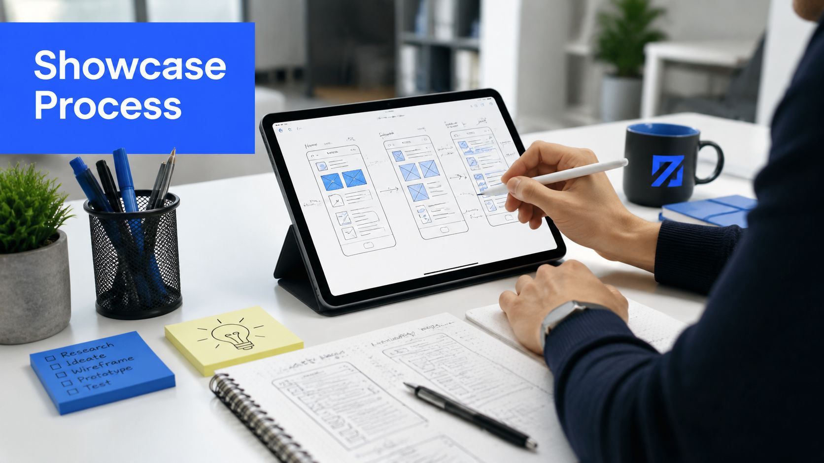 A professional designer working on a mobile app wireframe layout using a tablet and stylus pen.