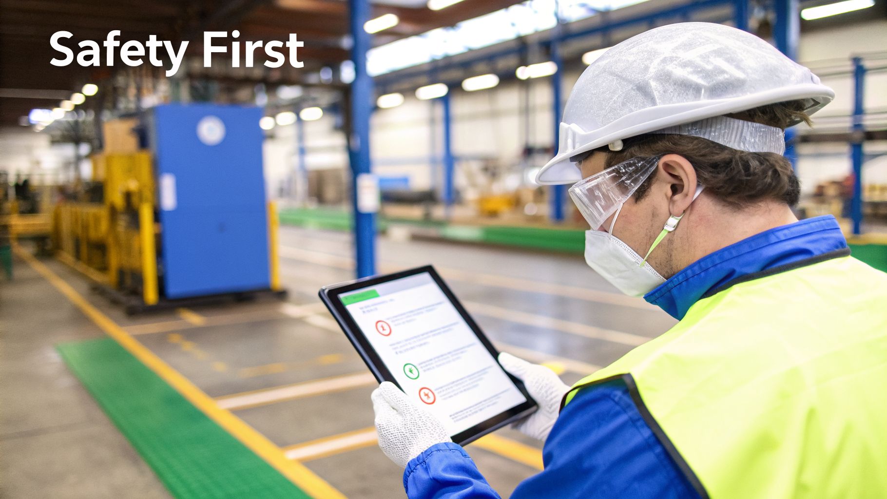 A factory worker in PPE uses a tablet for a digital safety inspection in an industrial setting.