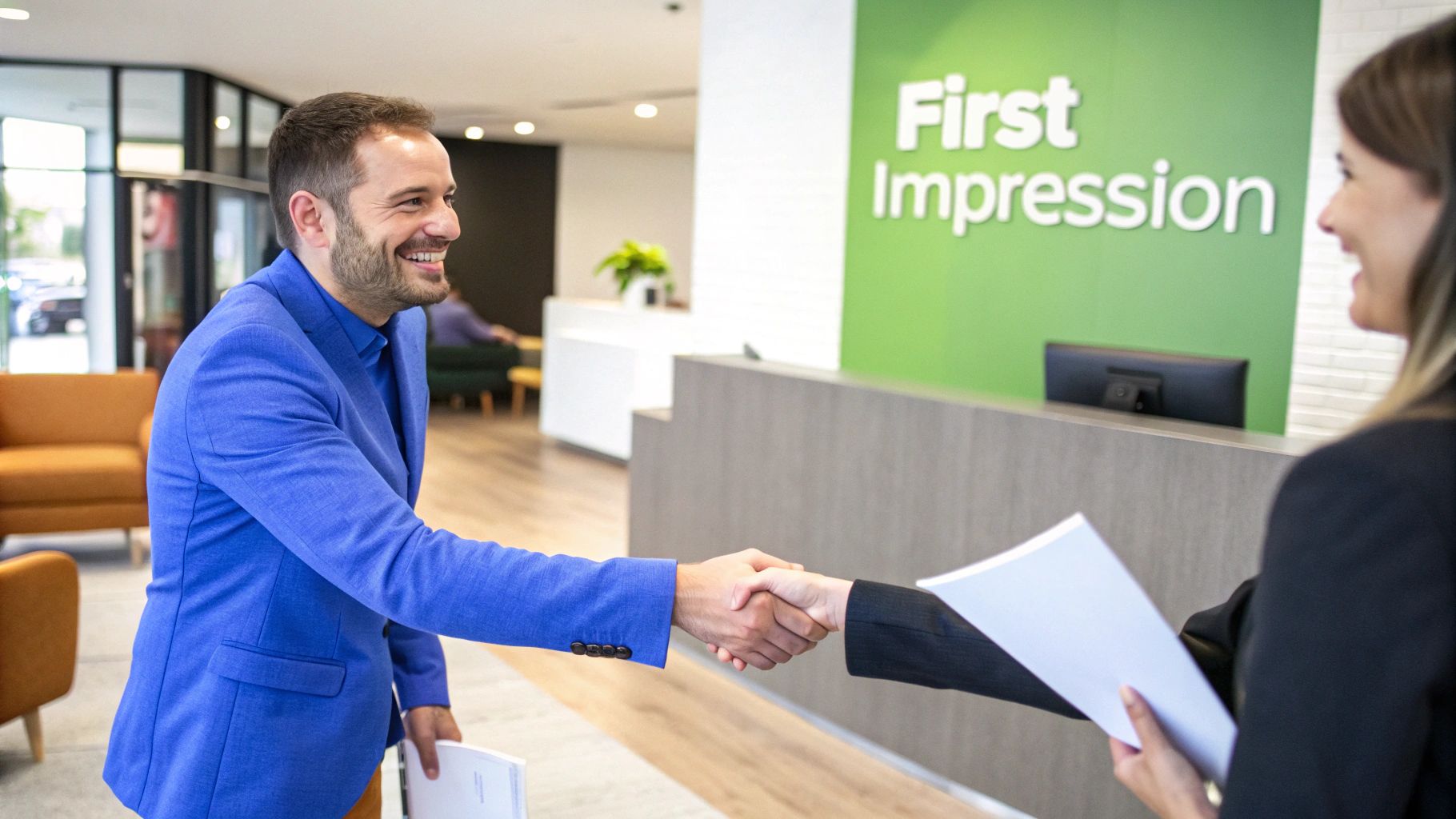 A smiling man in a blue suit shakes hands with a woman in a modern office reception.