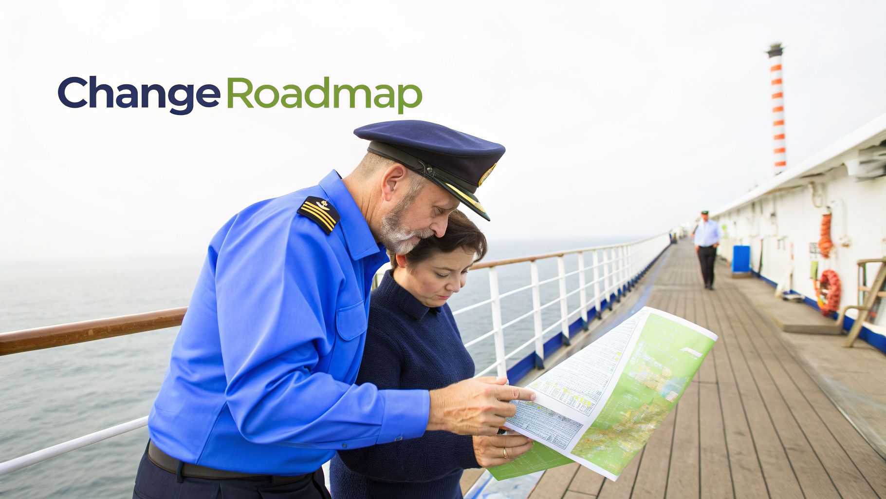 A ship captain and a woman review a detailed map on a ship's deck, with 'Change Roadmap' text.