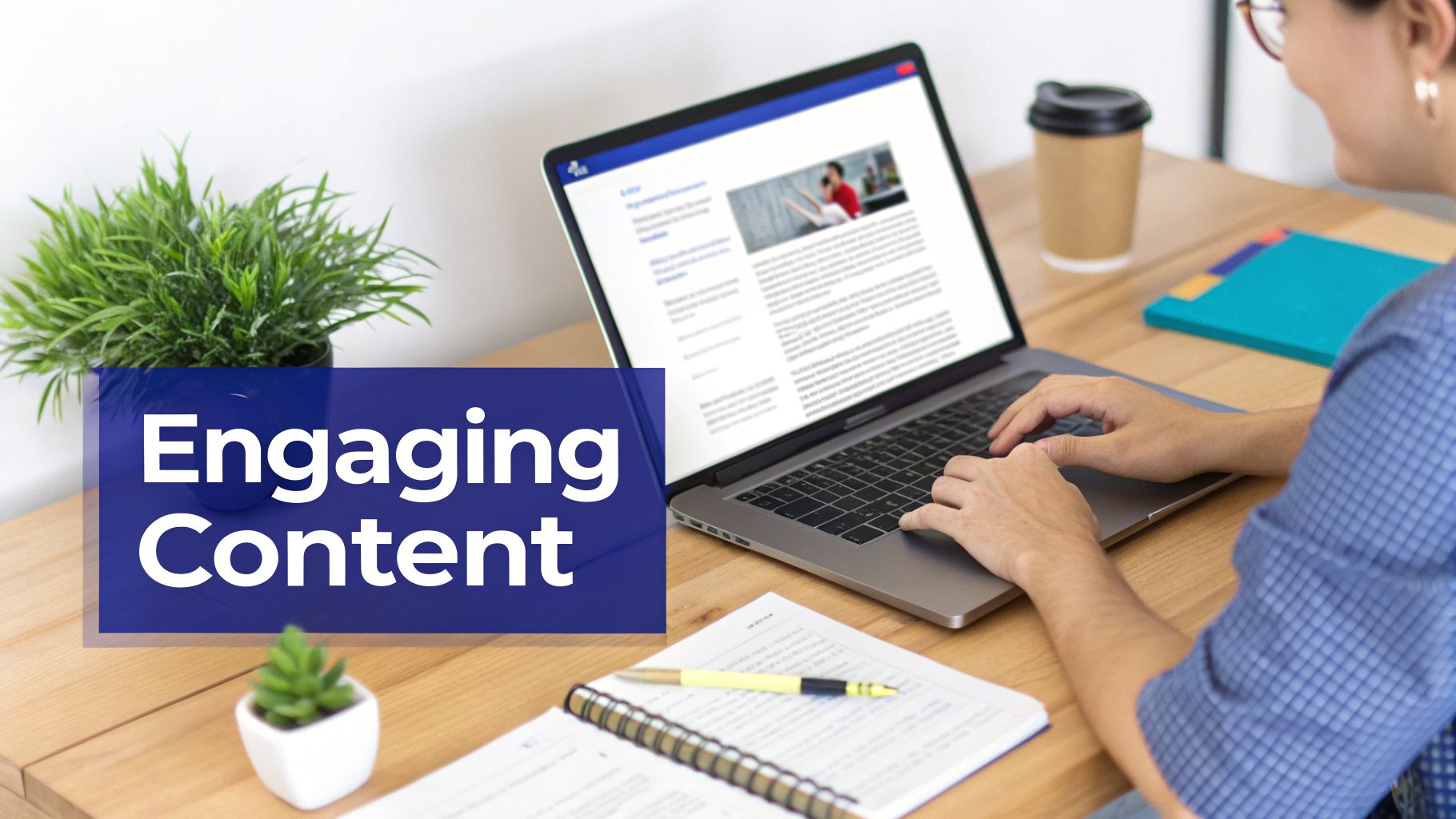 A person typing on a laptop with 'Engaging Content' overlay on a wooden desk.