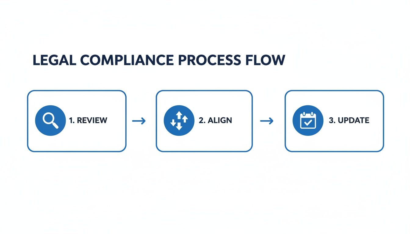A visual process flow diagram illustrating three steps for legal compliance: review, align, and update.