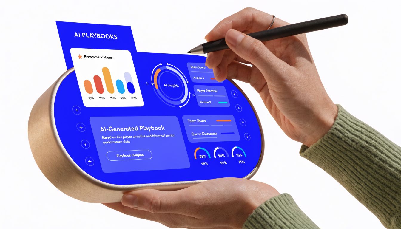 A person using a stylus on a futuristic tablet displaying AI-powered data analytics and player strategy visualizations.