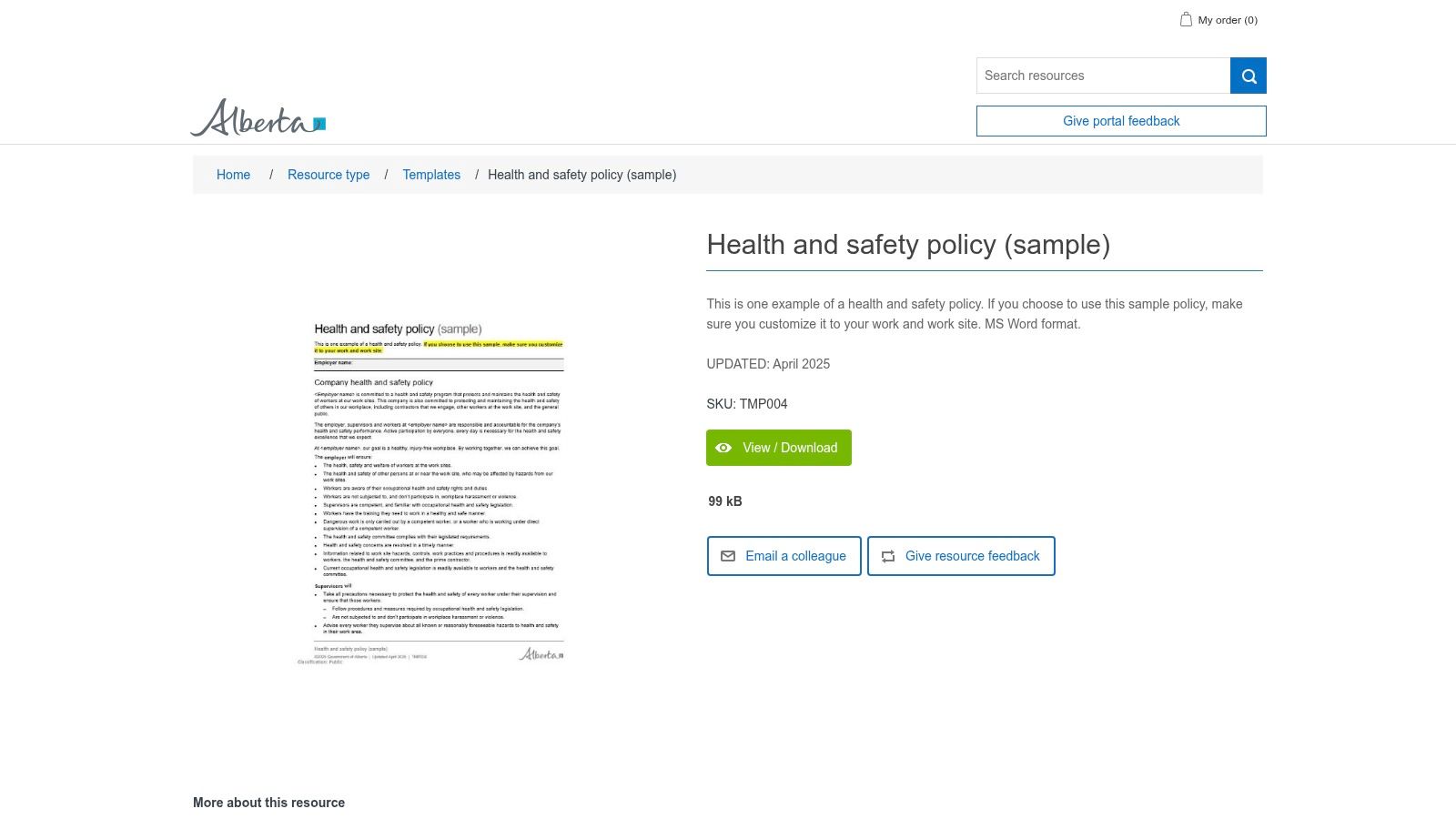 Alberta OHS (Alberta Labour) - Sample Health and Safety Policy + Starter Kit