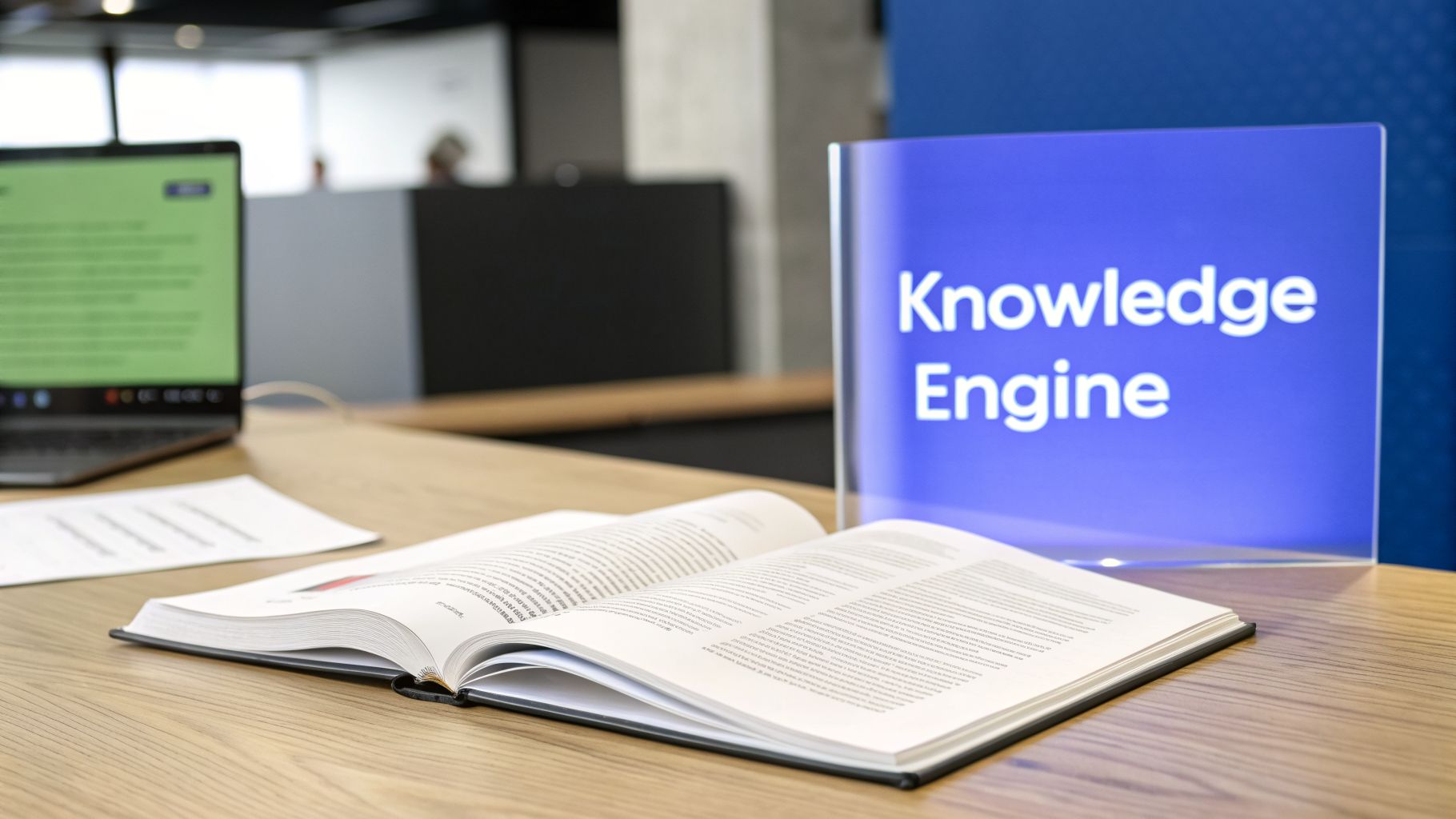 An open book and laptop on a wooden desk with a 'Knowledge Engine' sign in an office.