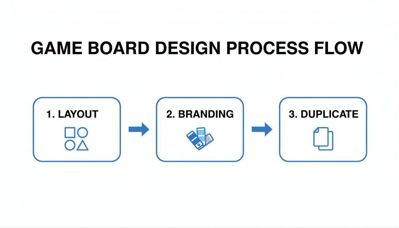 Flowchart illustrating a game board design process with steps: layout, branding, and duplication.