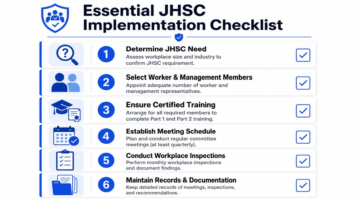 A six-step infographic checklist outlining the essential requirements for implementing a Joint Health and Safety Committee.