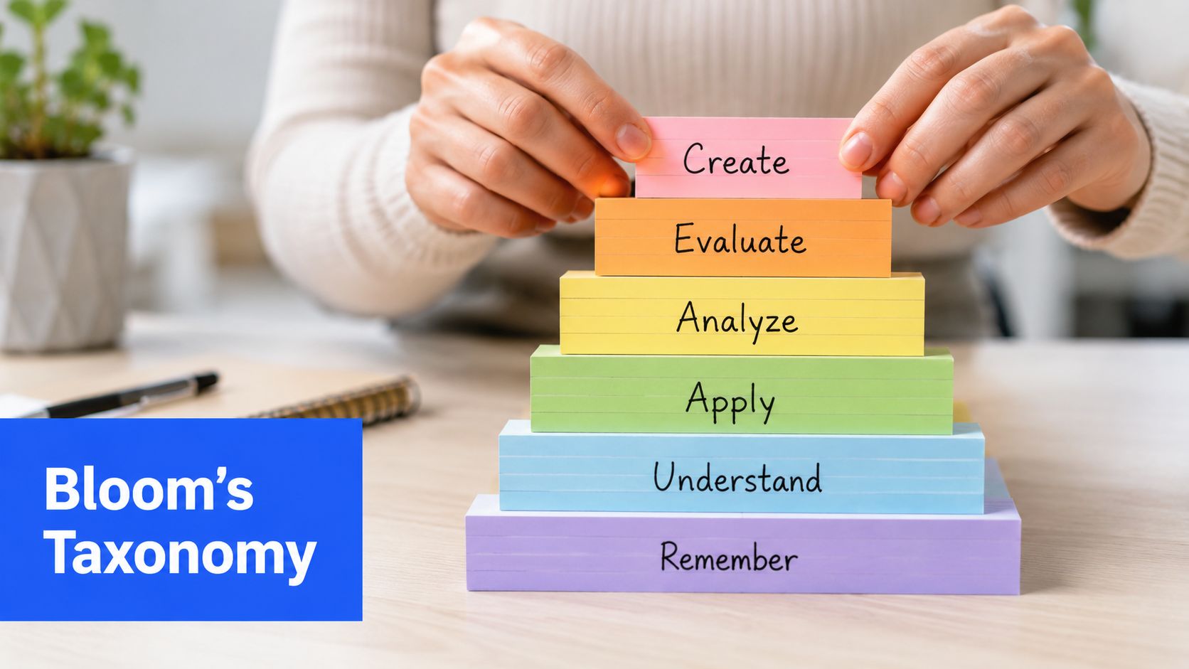 A person stacking colorful sticky notes to represent the levels of Bloom's Taxonomy in education.