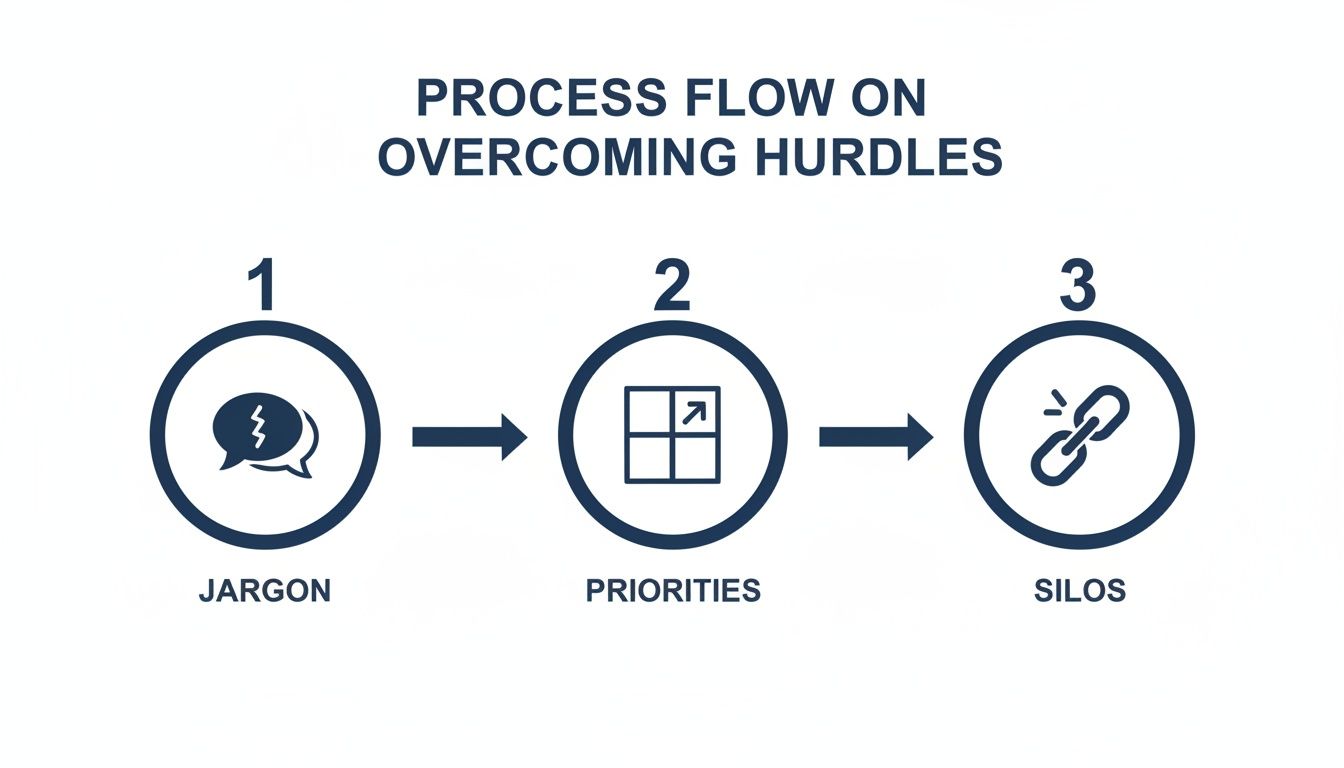 Process flow for overcoming hurdles, addressing jargon, setting priorities, and breaking down silos.