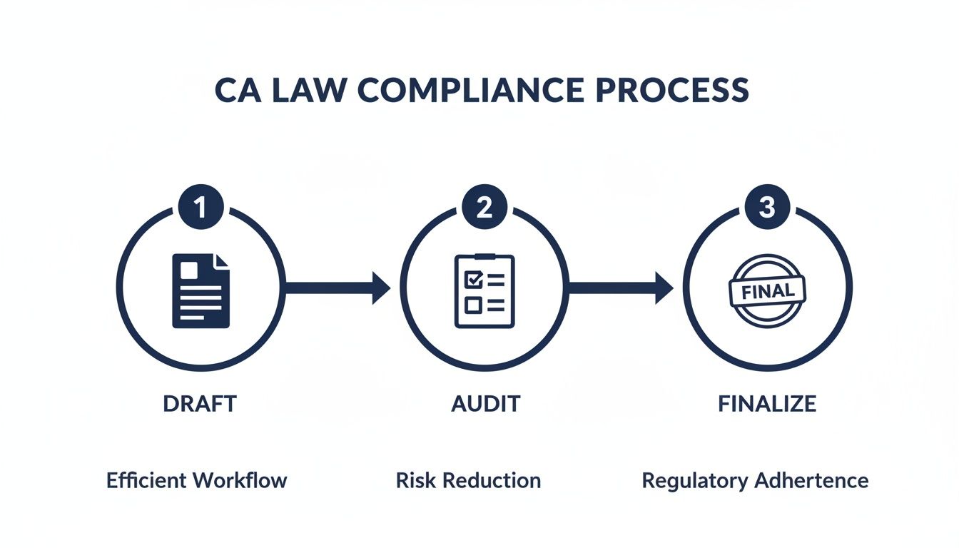 A diagram illustrates the CA Law Compliance Process: Draft, Audit, and Finalize stages.