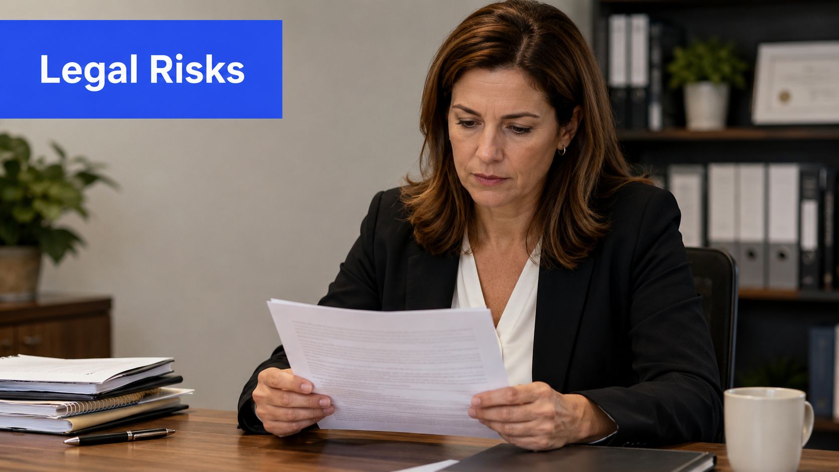 A professional woman in a business suit reviewing important legal documents at her office desk.