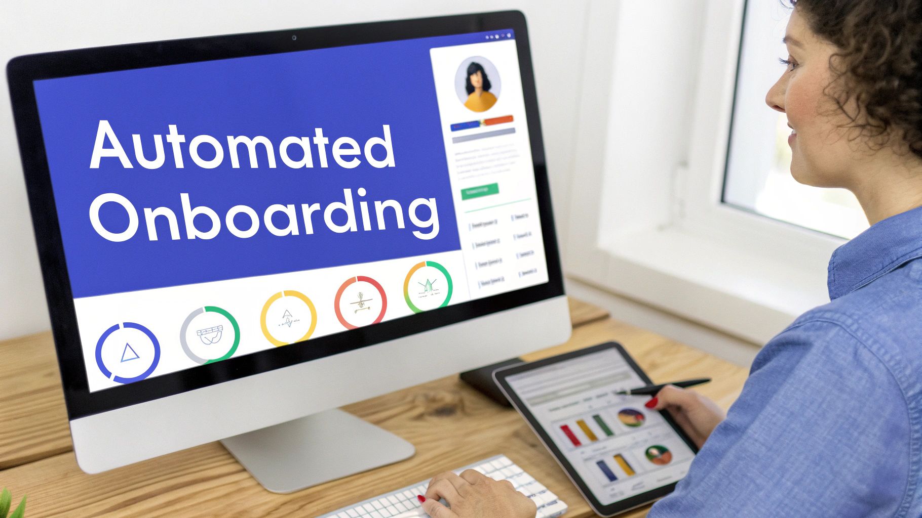 A woman works on a computer displaying 'Automated Onboarding' and uses a tablet with a chart.