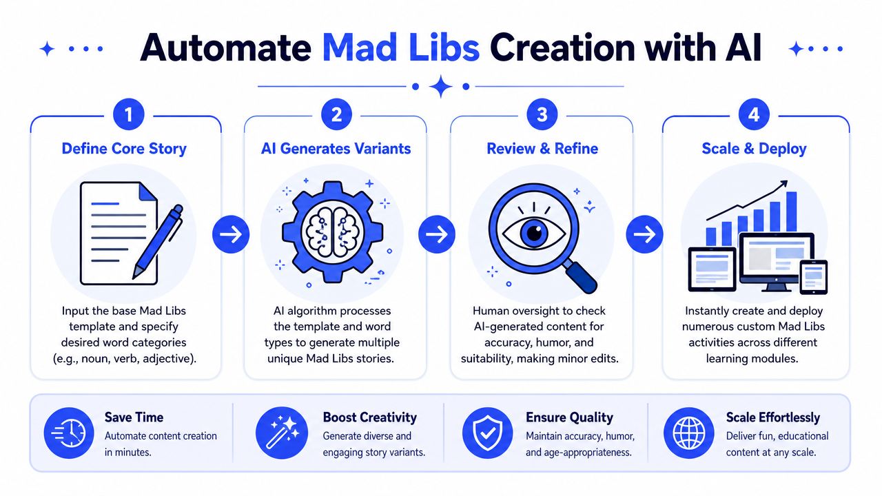A flowchart infographic titled Automate Mad Libs Creation with AI outlining four key steps in the process.