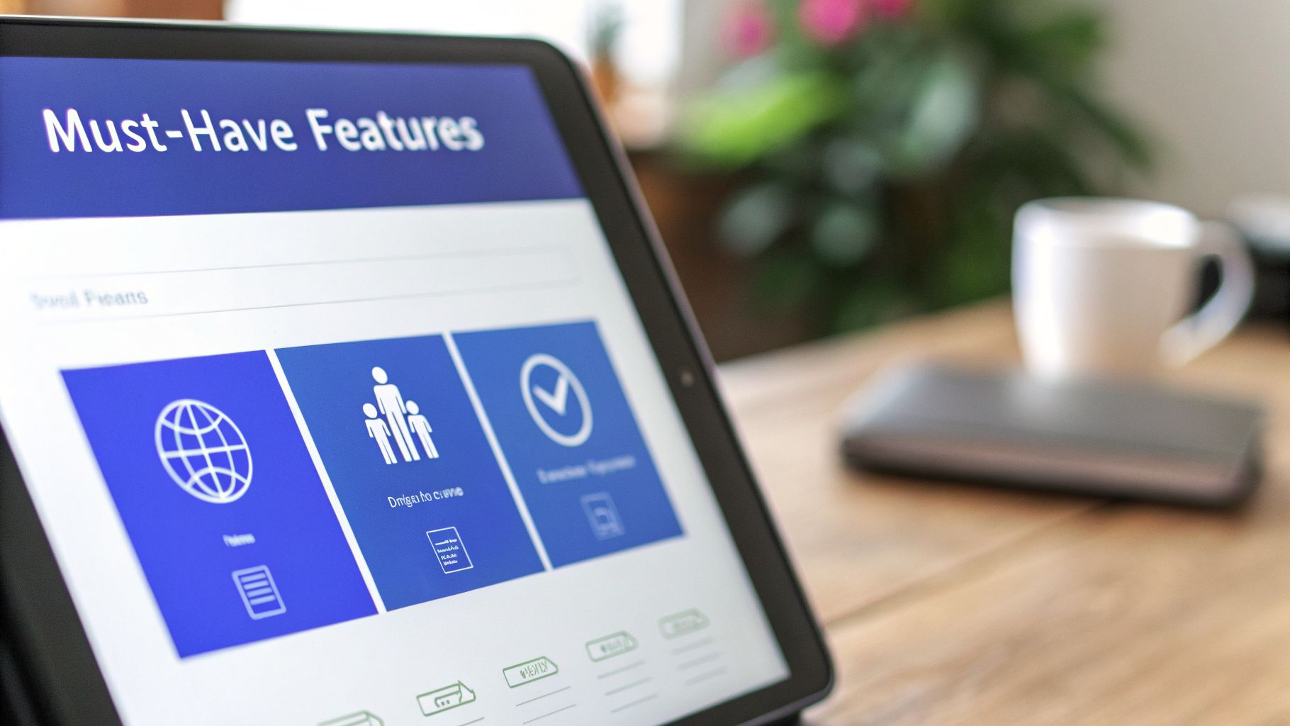 A tablet screen displaying 'Must-Have Features' with software icons on a wooden desk.