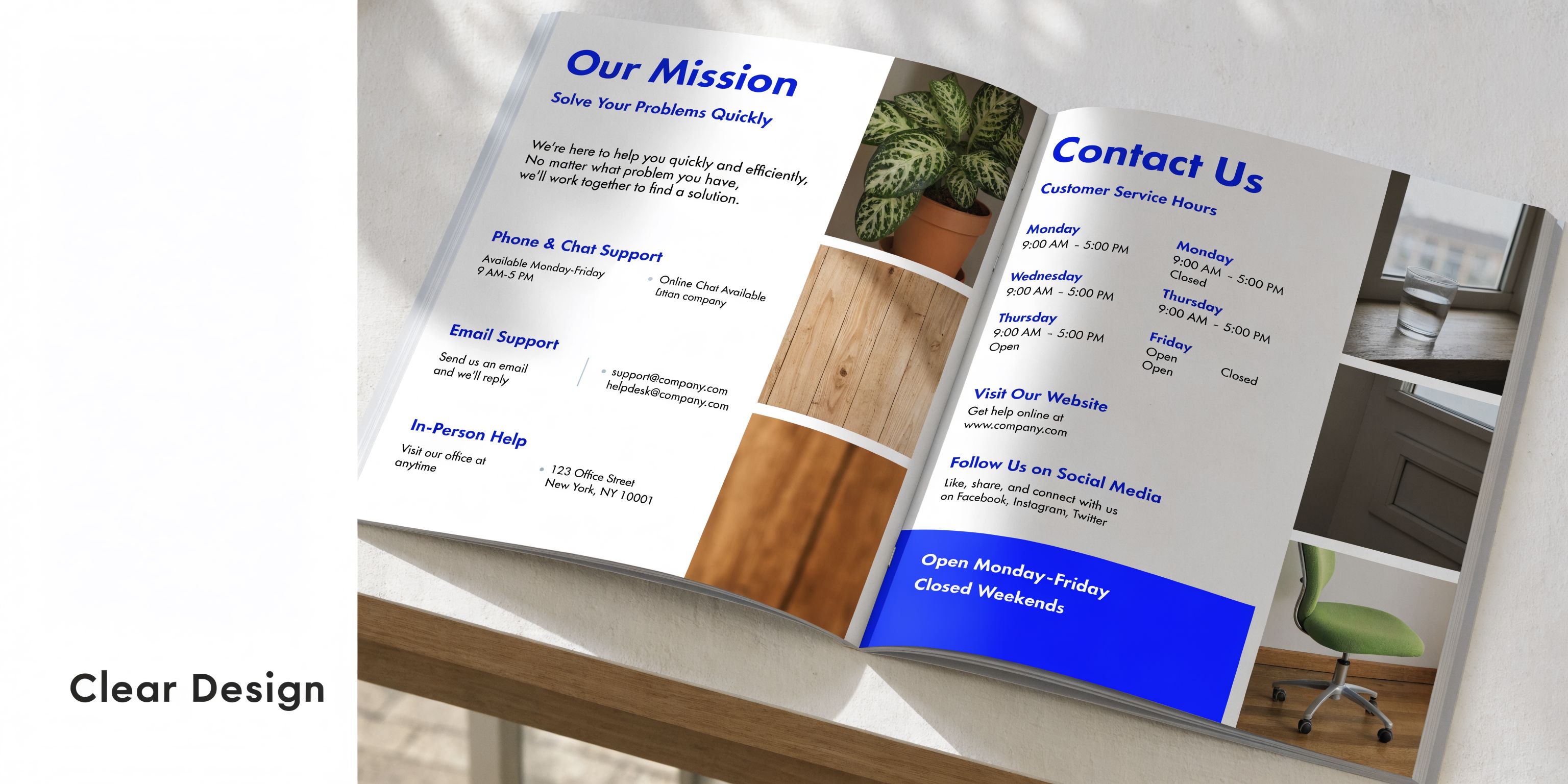 An open booklet showcasing customer service information including hours, contact methods, and company mission statement.