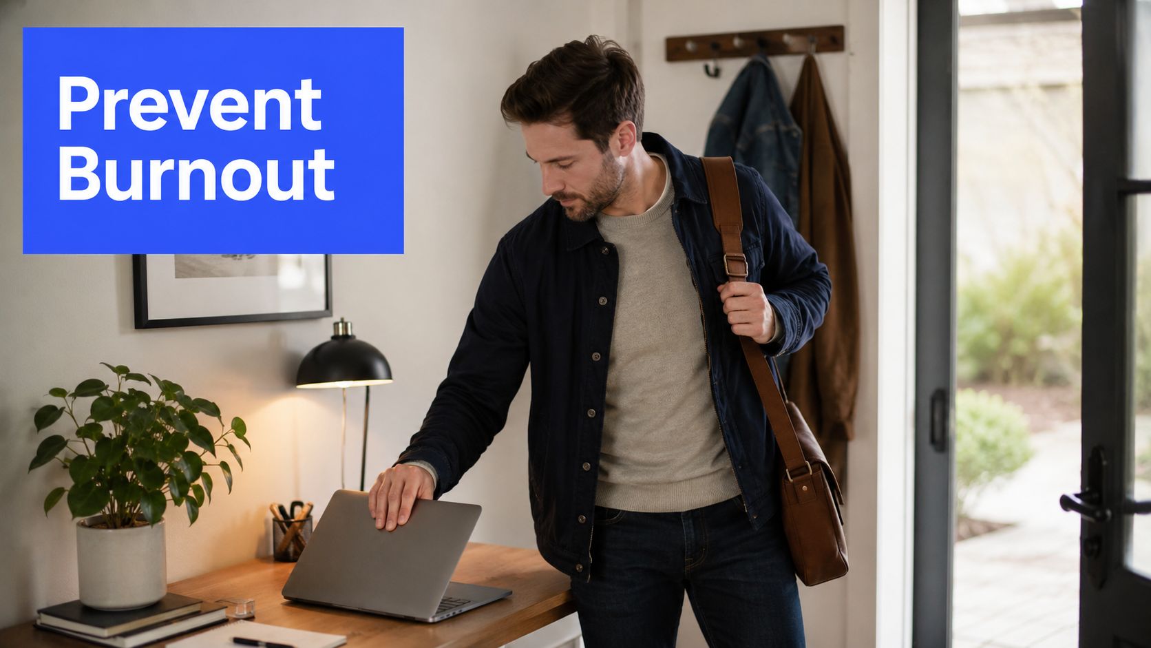 A man in a jacket closing his laptop while preparing to leave his home office desk.