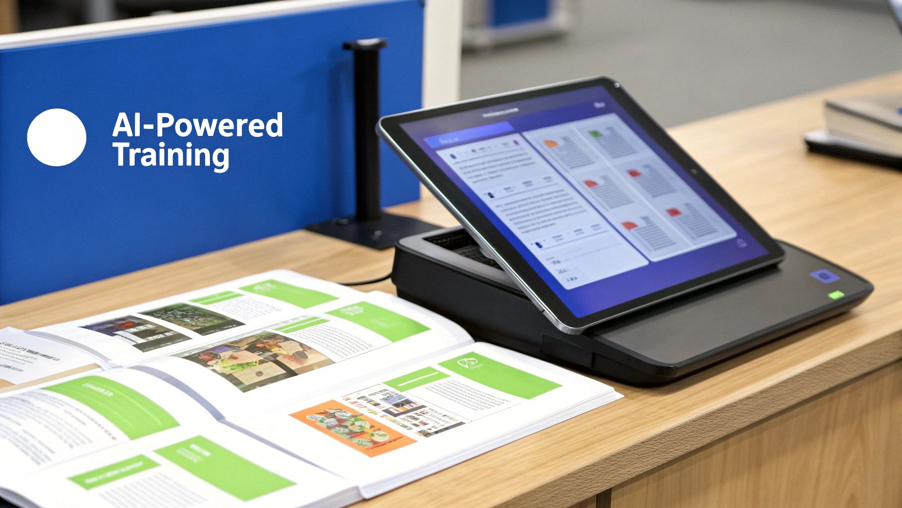 Tablet displaying a micro-learning app next to an open training manual on a desk with AI-Powered Training sign.