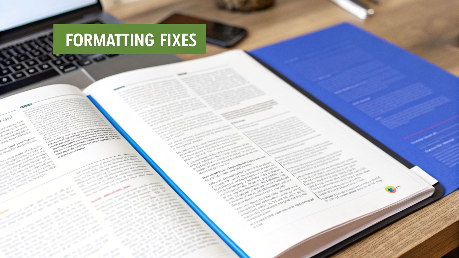 An open book or document with text, a laptop, and a blue folder, featuring 'FORMATTING FIXES' banner.