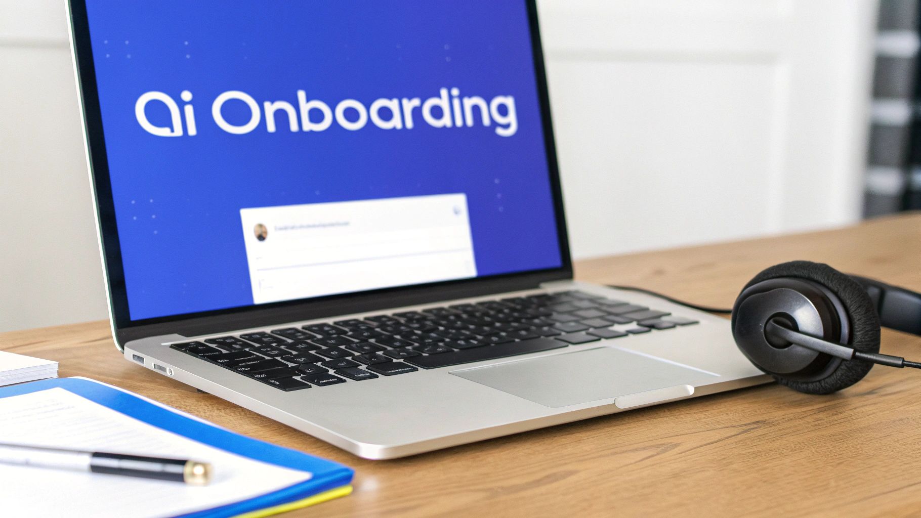 A laptop on a wooden desk displays 'Qi Onboarding' on its screen, with headphones and a clipboard nearby.
