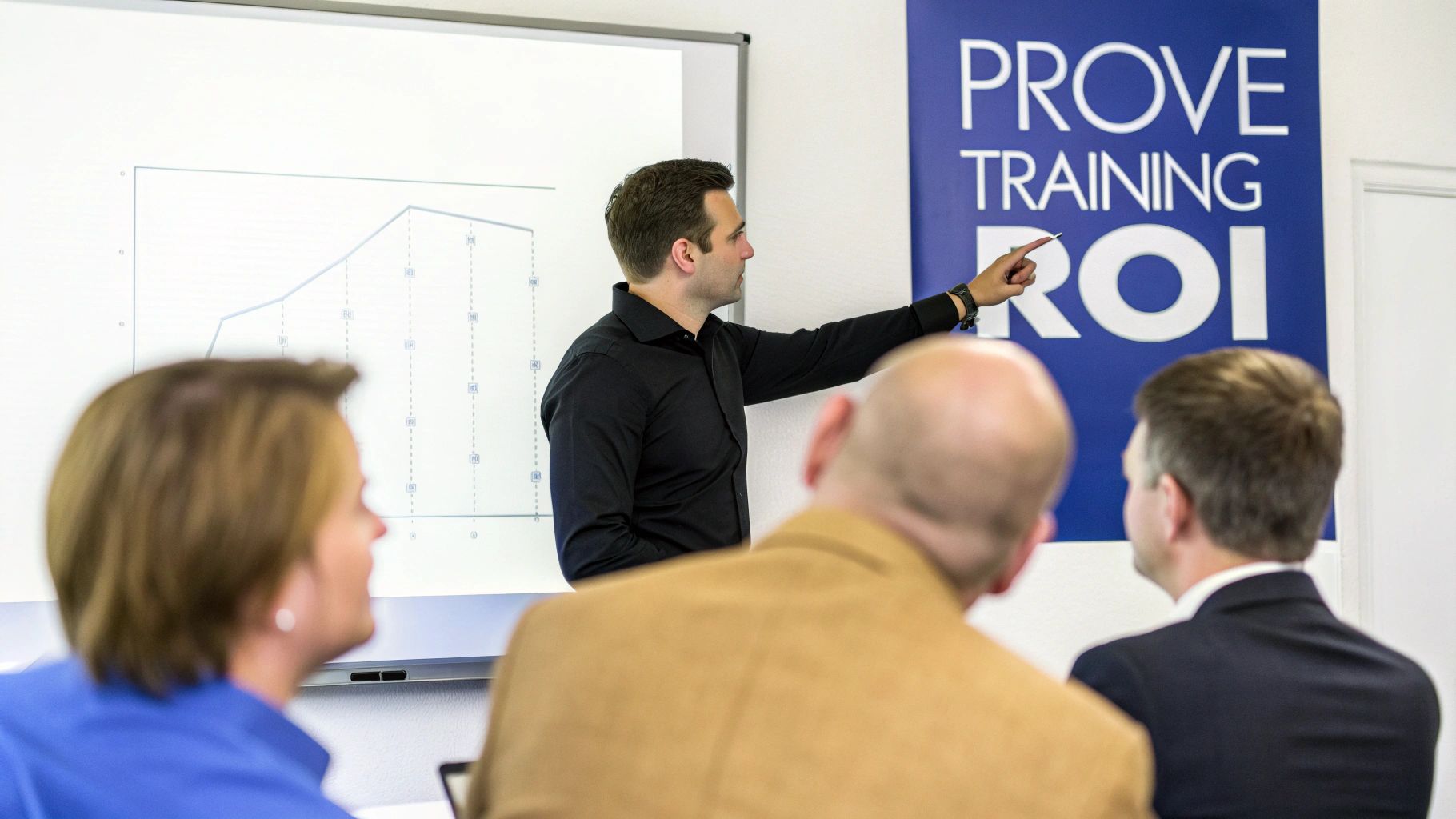 A man presents a graph on a whiteboard to an audience, with a 'PROVE TRAINING ROI' sign.