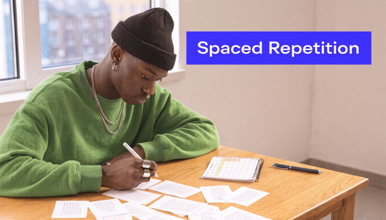 A young man wearing a beanie writing on flashcards at a wooden desk with a study calendar.