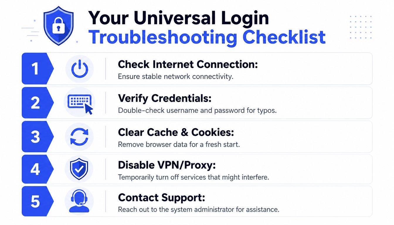 A five-step universal login troubleshooting checklist infographic with icons for fixing common account access issues.