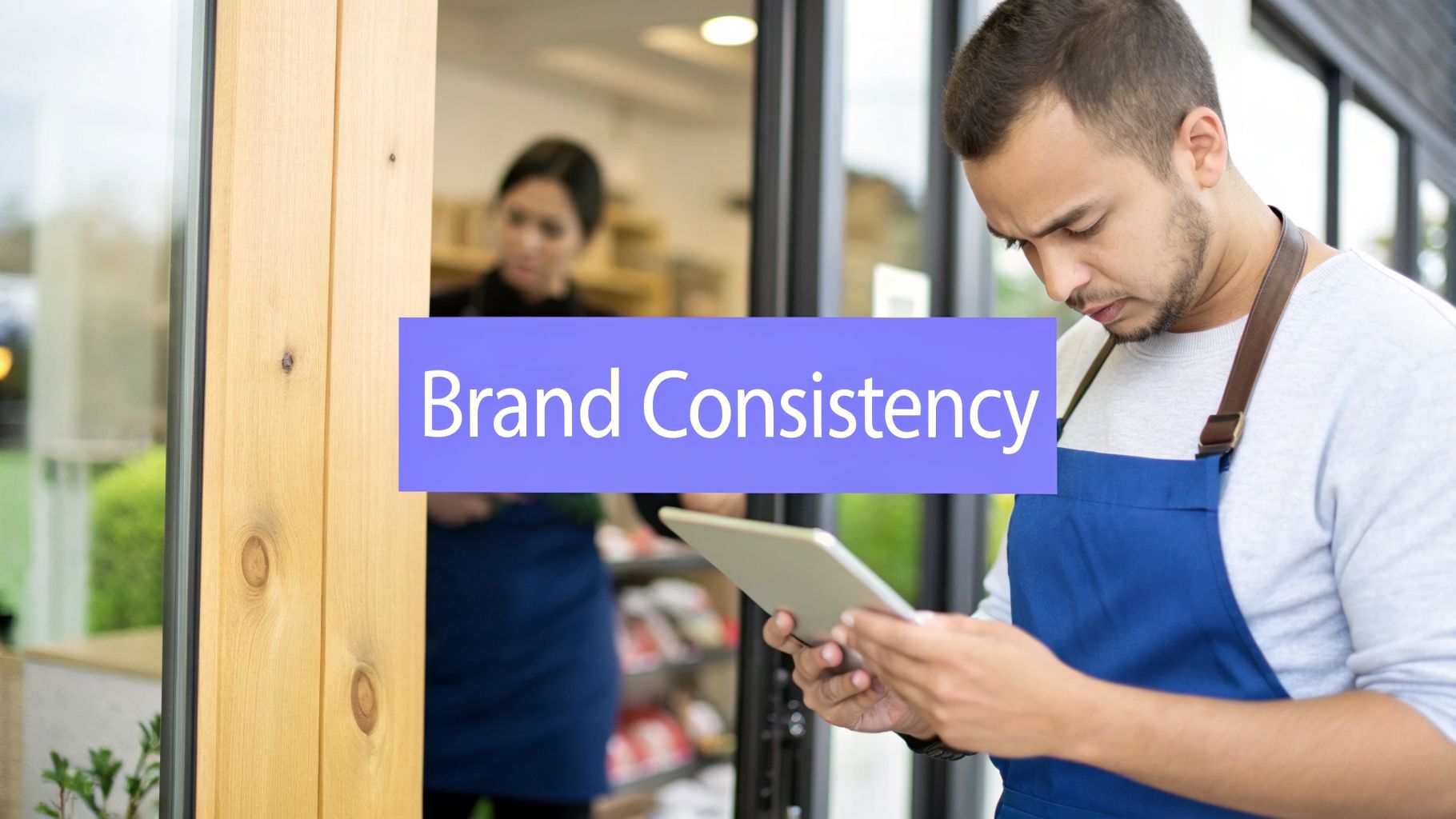A male shop worker in a blue apron looks at a tablet, with 'Brand Consistency' text overlay.